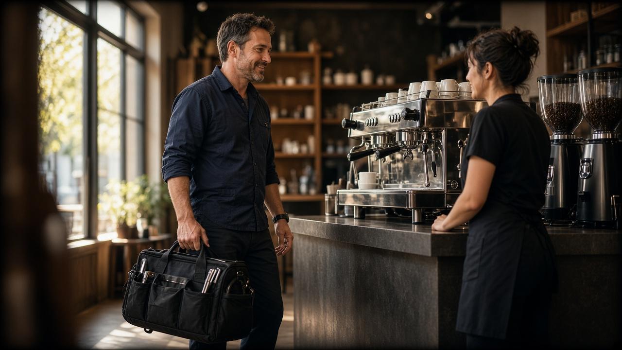 Technician arriving at a café with a service bag