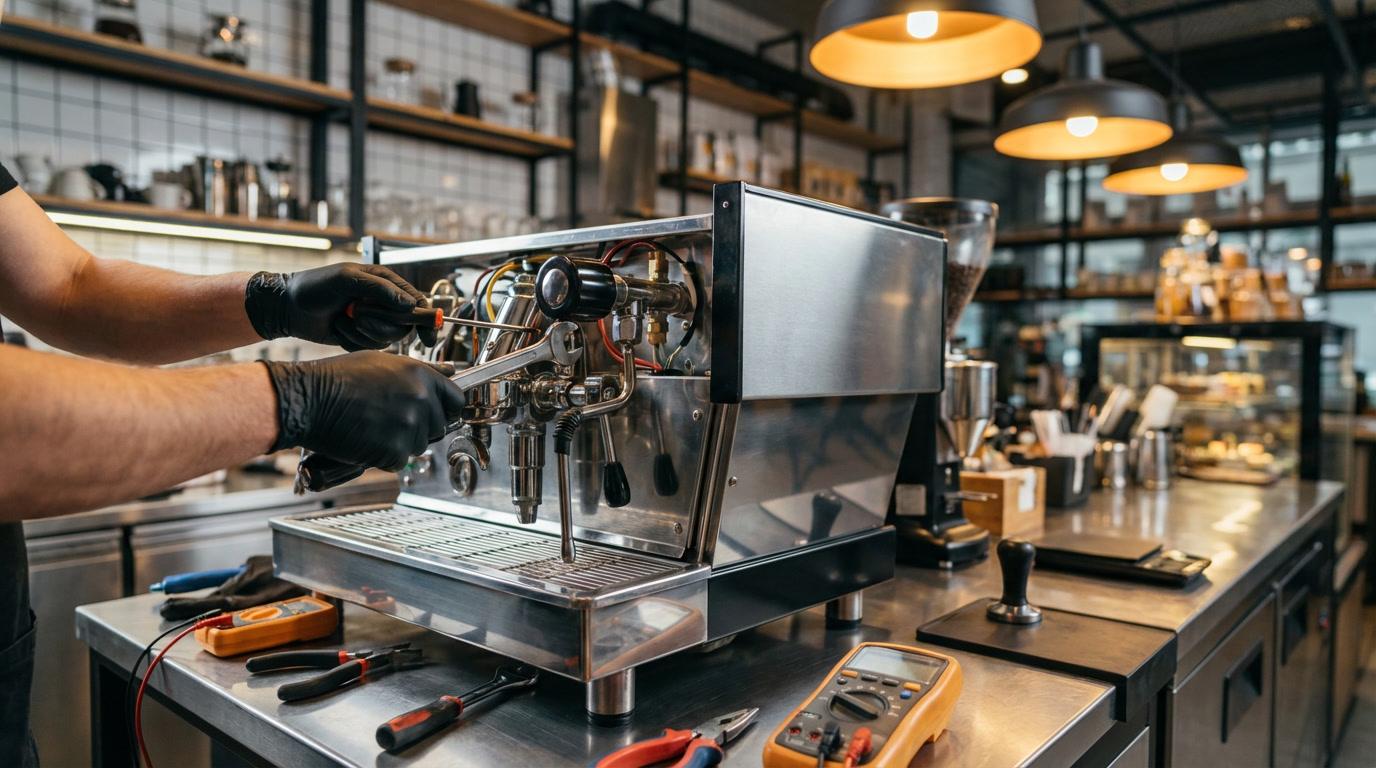 Technician repairing a commercial espresso machine in a cafe