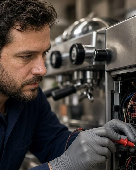 Triple Shot technician testing the electronics on a commercial espresso machine