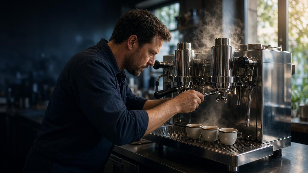 Commercial espresso machine pouring shots for the morning rush