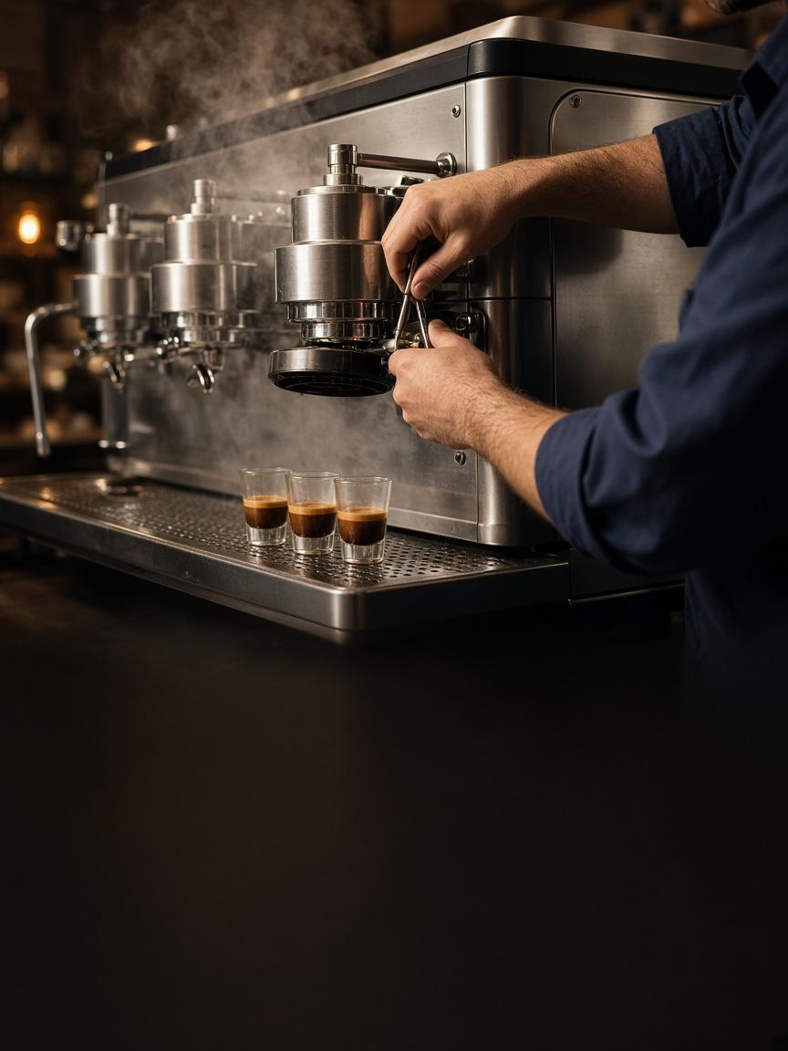 Technician repairing a commercial espresso machine in a cafe