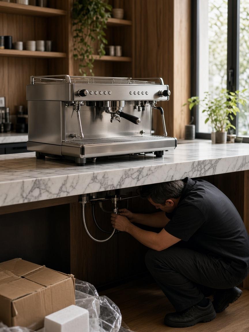 Professional installing a new commercial espresso machine in a coffee shop