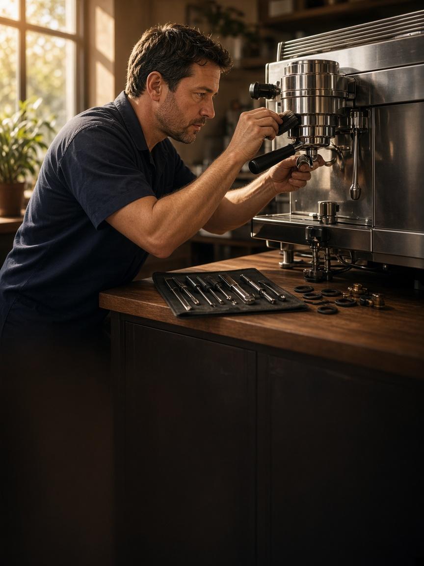 Technician performing preventative maintenance on commercial espresso equipment