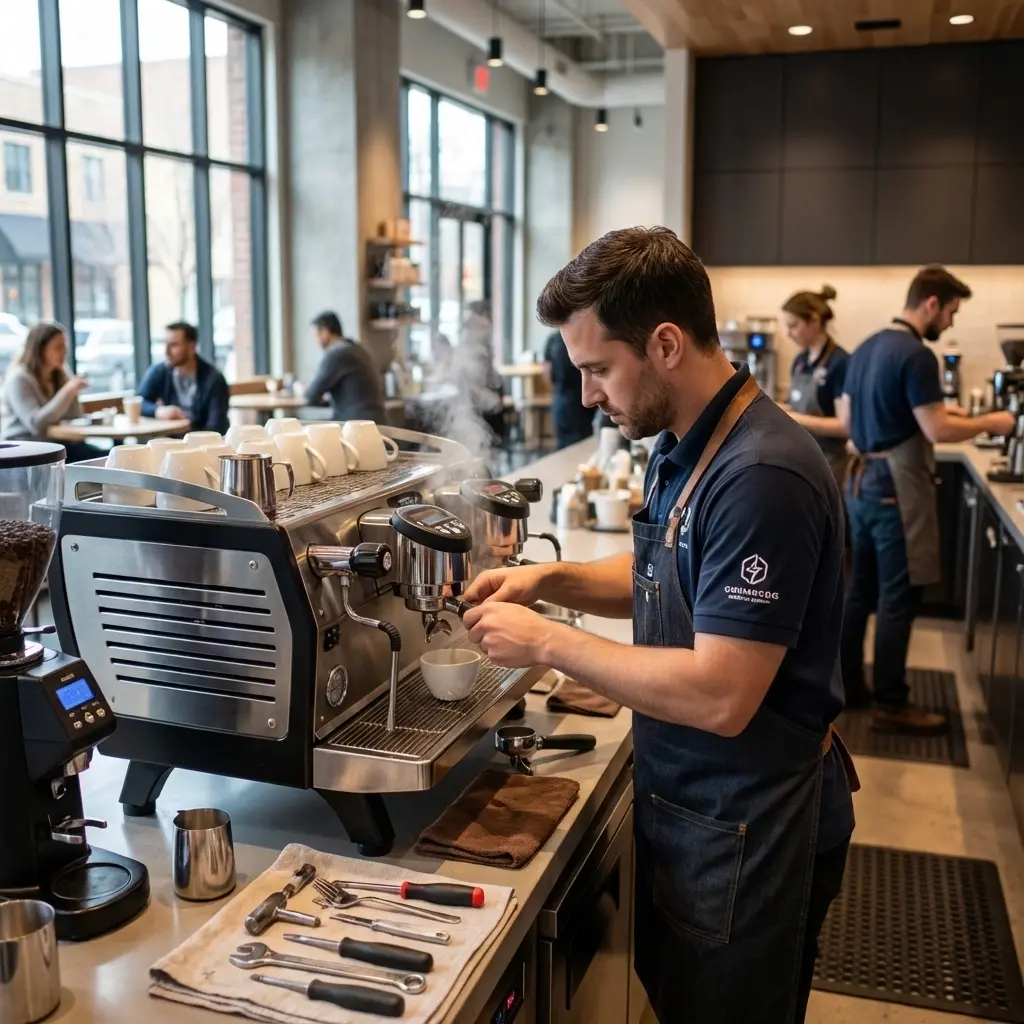 Fast response coffee equipment repair technician arriving on site