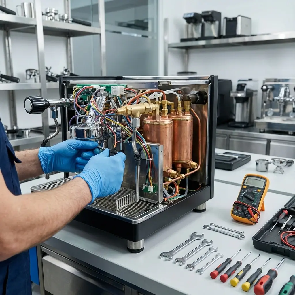 Technician repairing a commercial espresso machine in a cafe