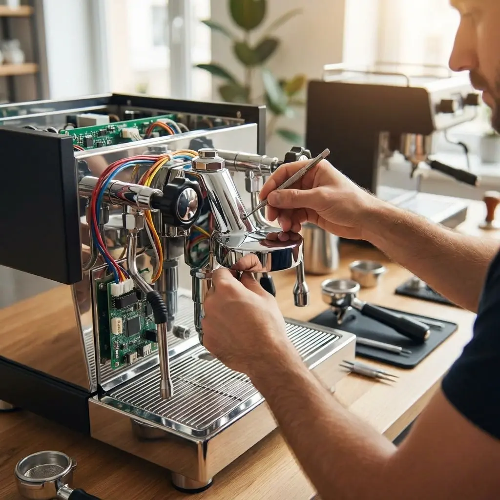 Serviced espresso machine pouring a consistent shot