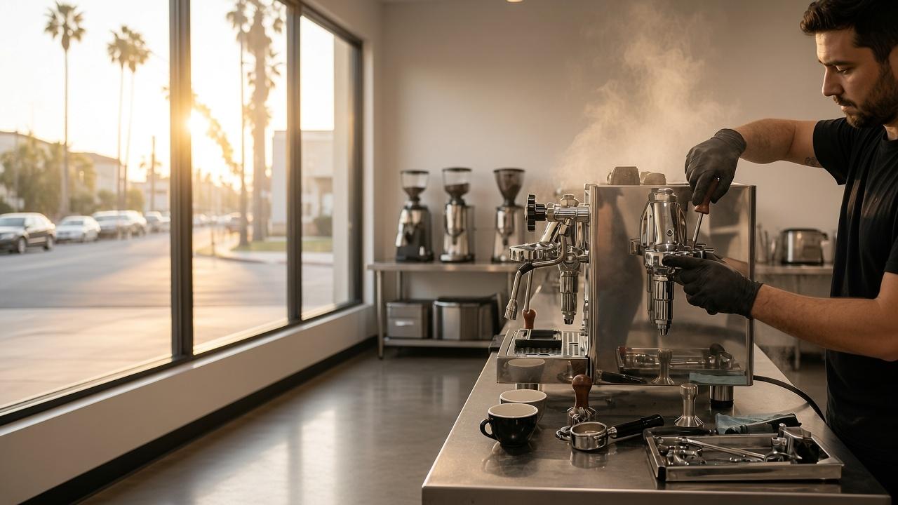 Technician servicing a commercial espresso machine in a California cafe with palm trees outside