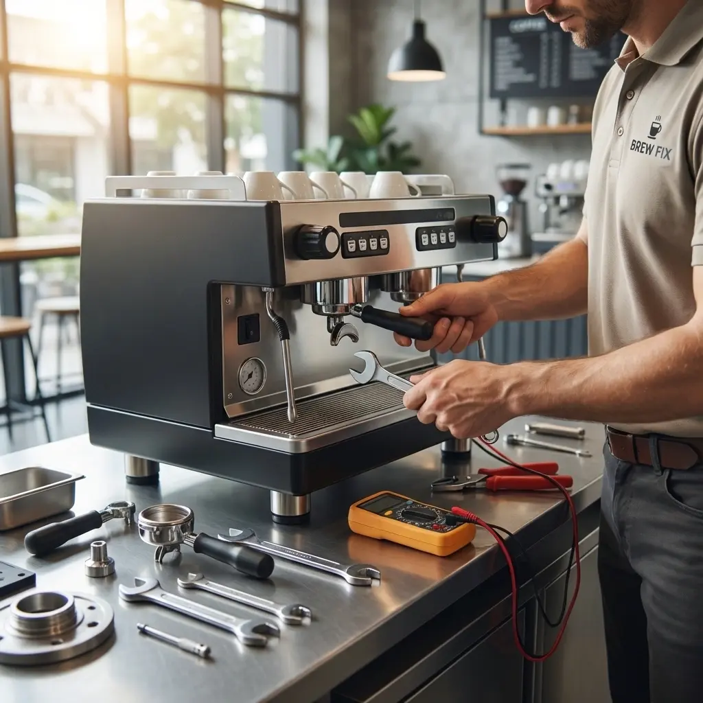 Technician arriving quickly to repair a cafe espresso machine