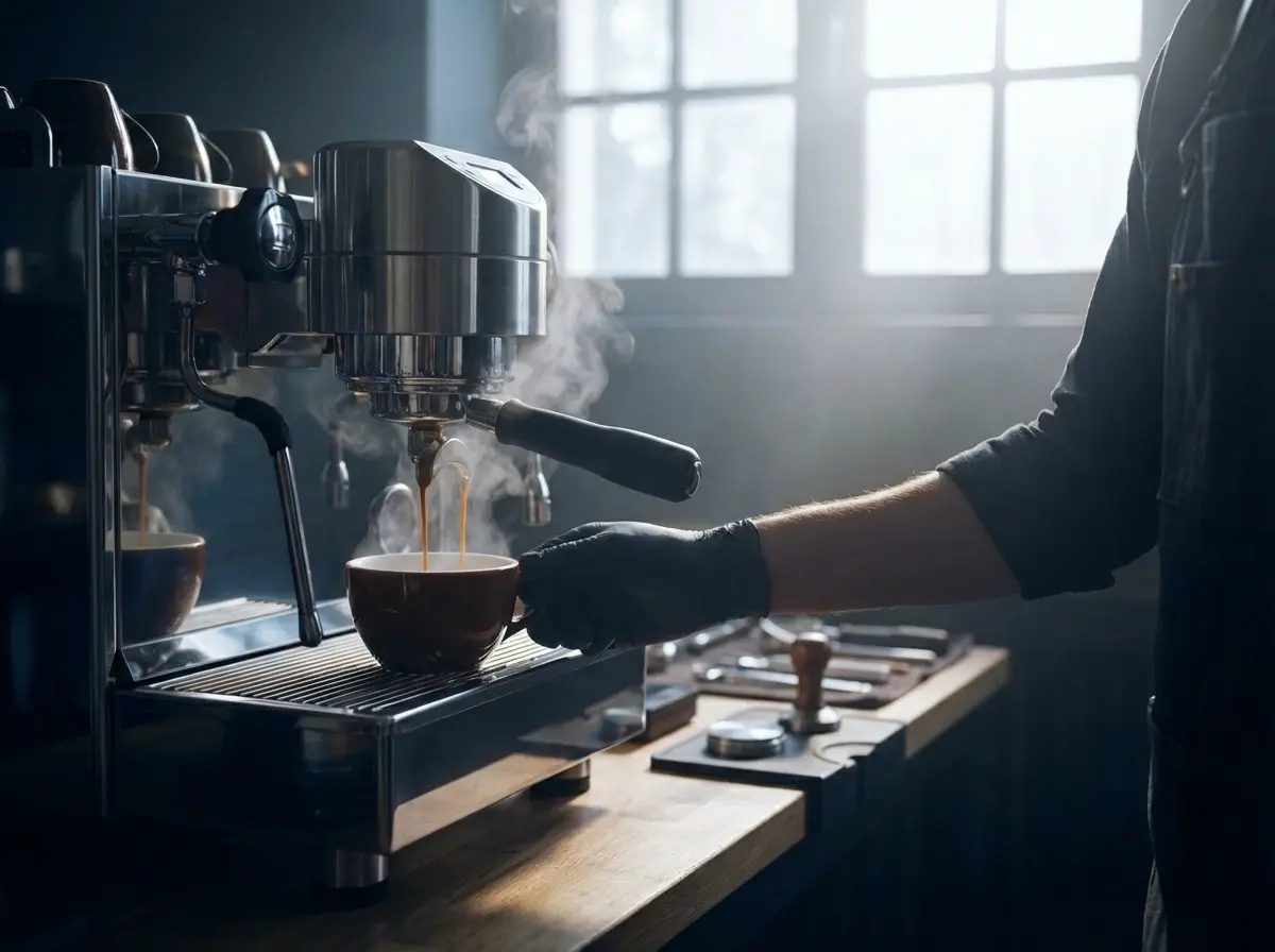 Technician repairing a commercial espresso machine in a cafe