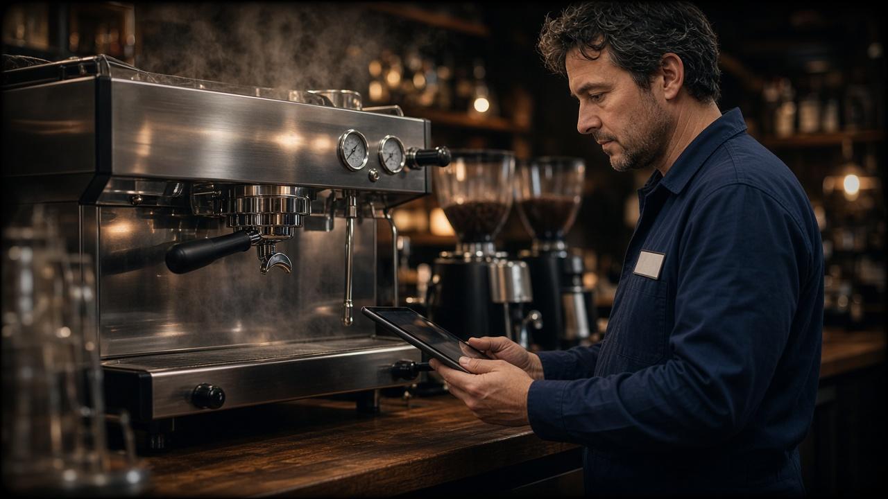 Technician inspecting a commercial espresso machine in a cafe