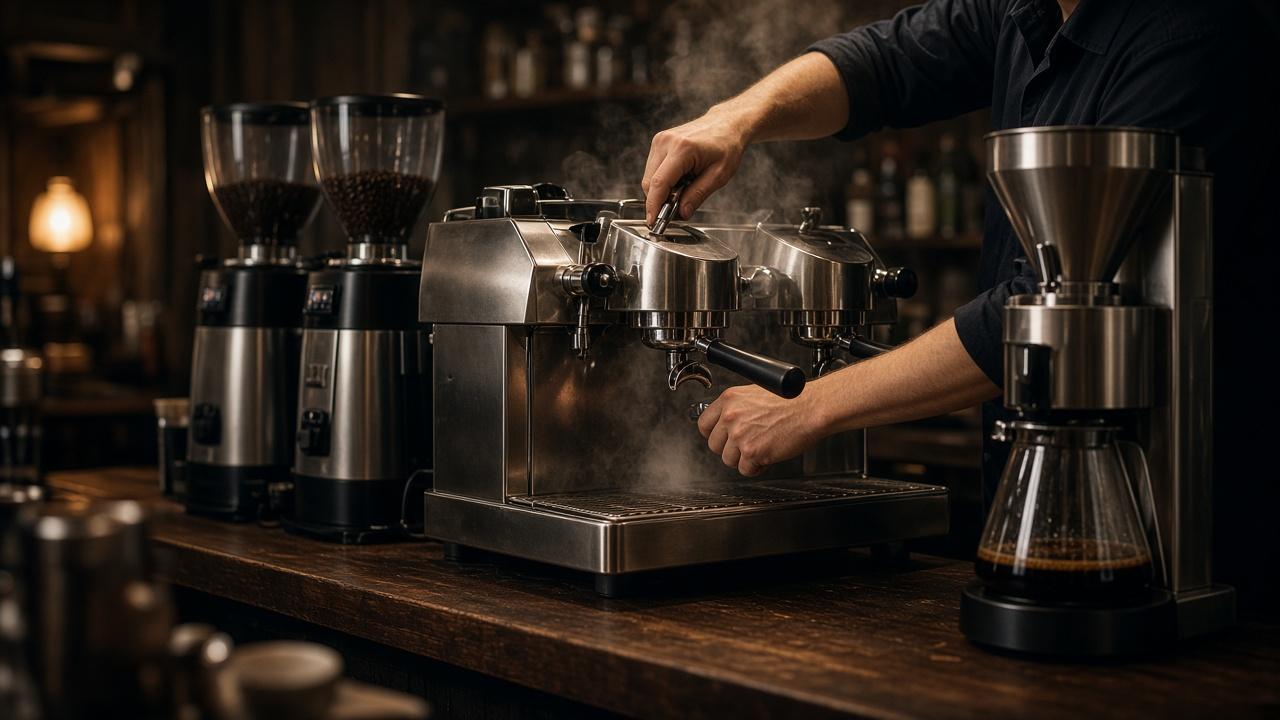 Commercial espresso machines and grinders behind a cafe bar