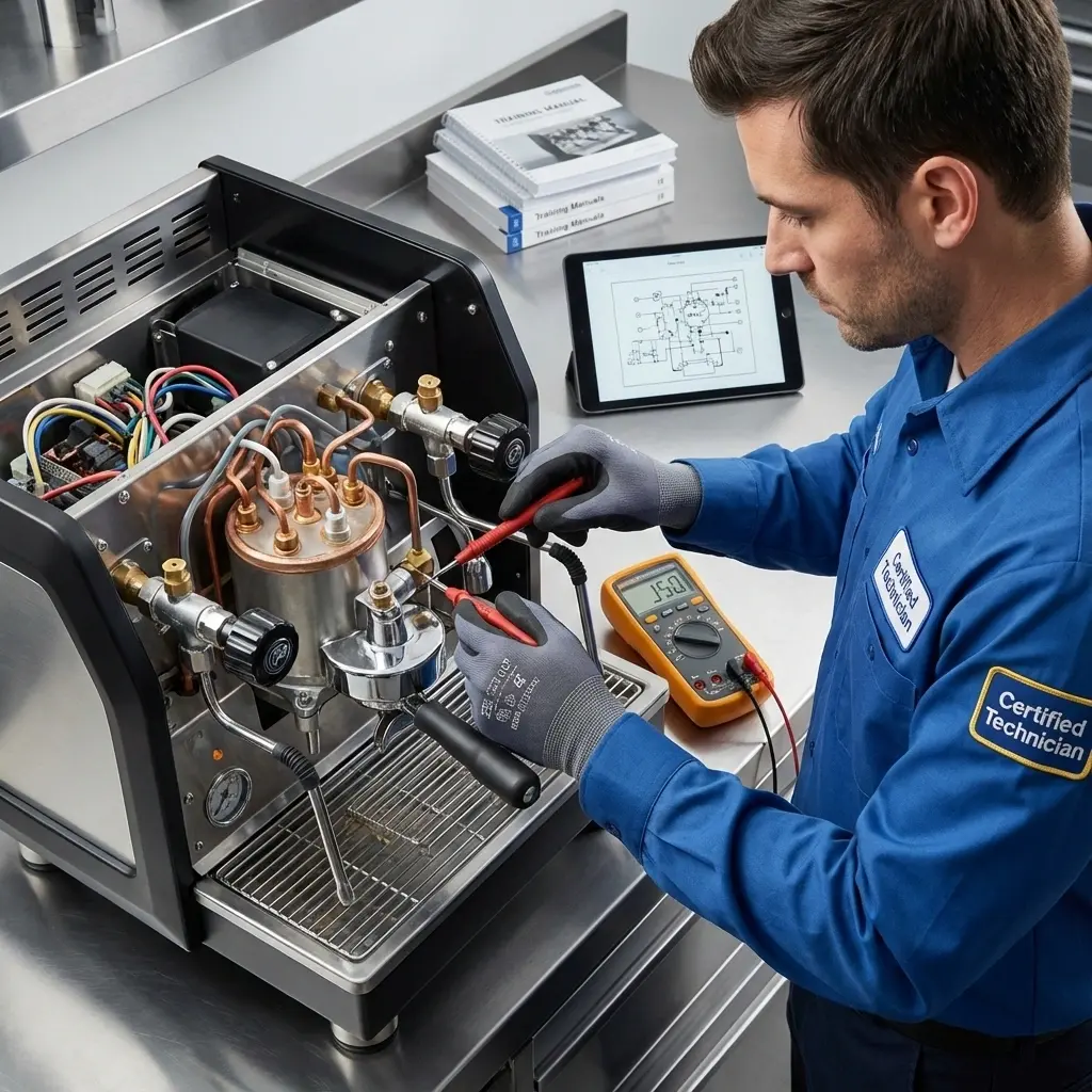 Technician working inside a commercial espresso machine